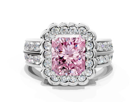 White gold Fancy Pink Radiant Cut Halo Diamond Split Shank Ring with Scalloped Prong Setting_18