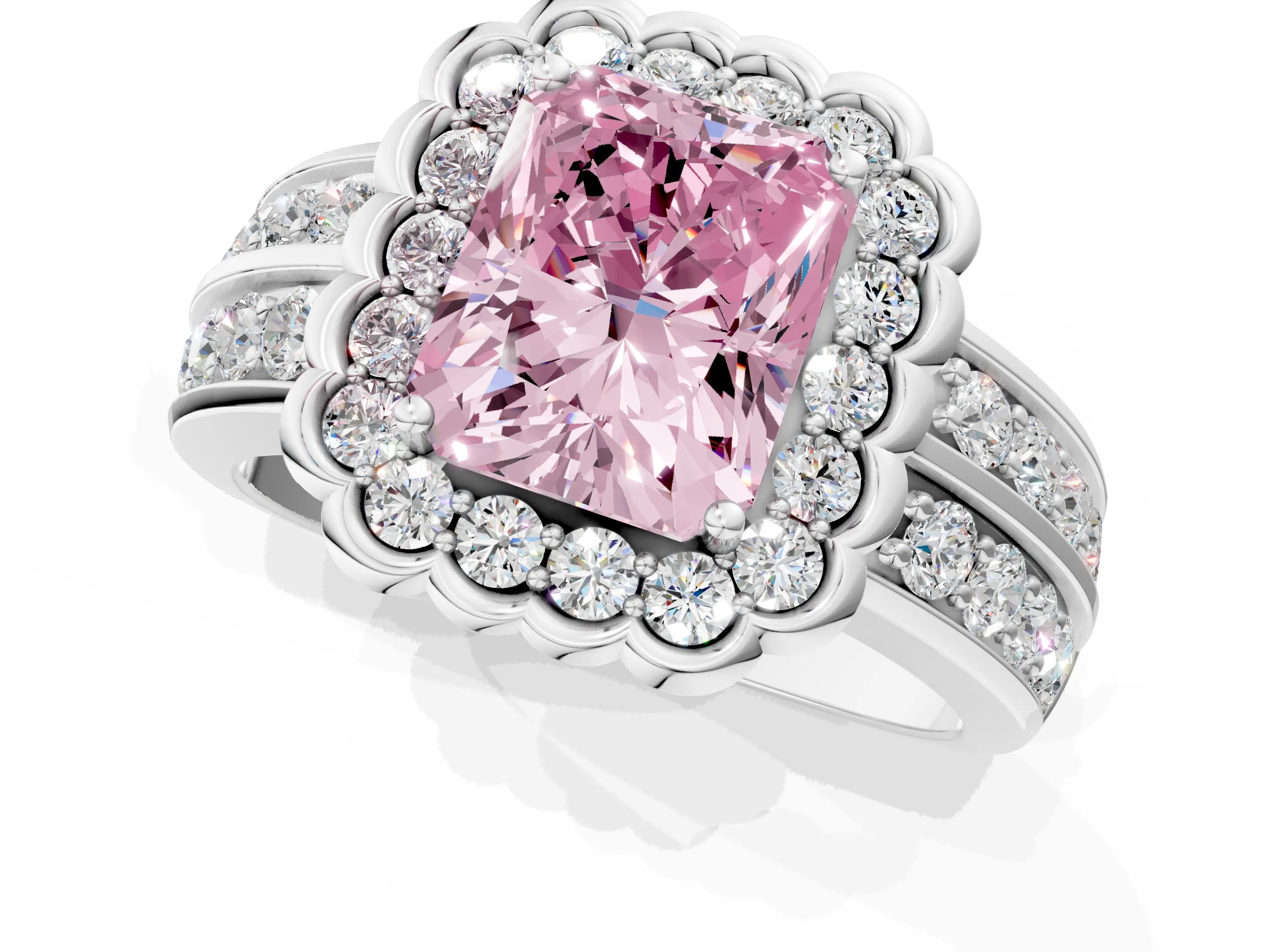 White gold Fancy Pink Radiant Cut Halo Diamond Split Shank Ring with Scalloped Prong Setting_19