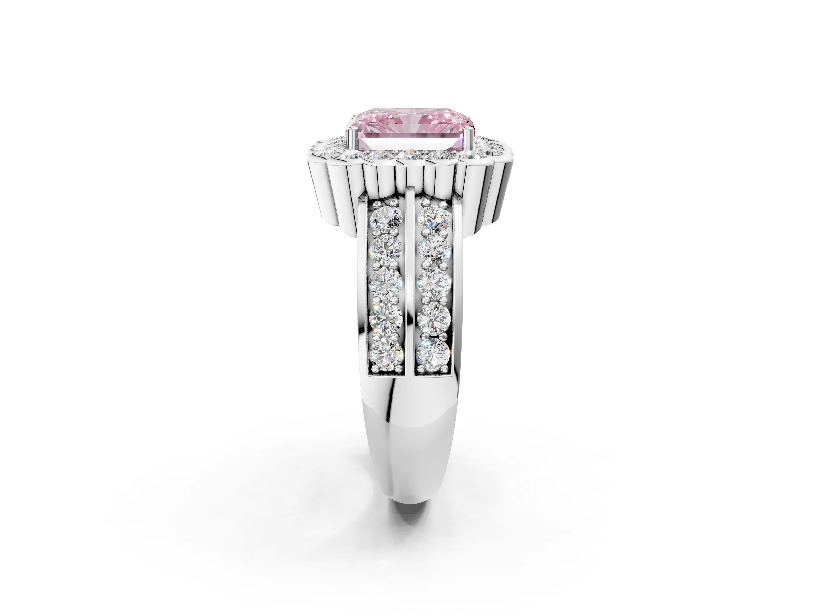 White gold Fancy Pink Radiant Cut Halo Diamond Split Shank Ring with Scalloped Prong Setting_20