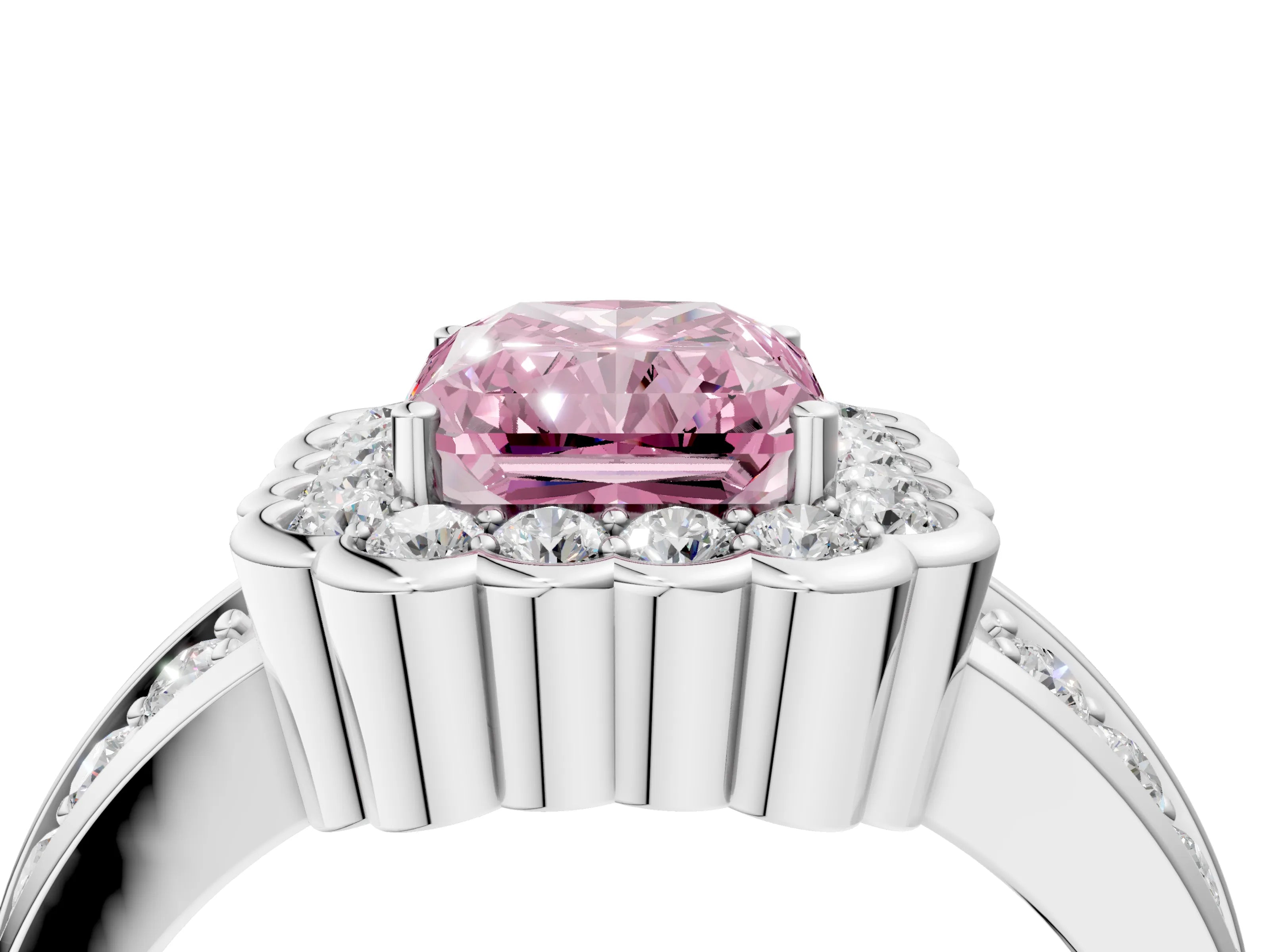 White gold Fancy Pink Radiant Cut Halo Diamond Split Shank Ring with Scalloped Prong Setting_4
