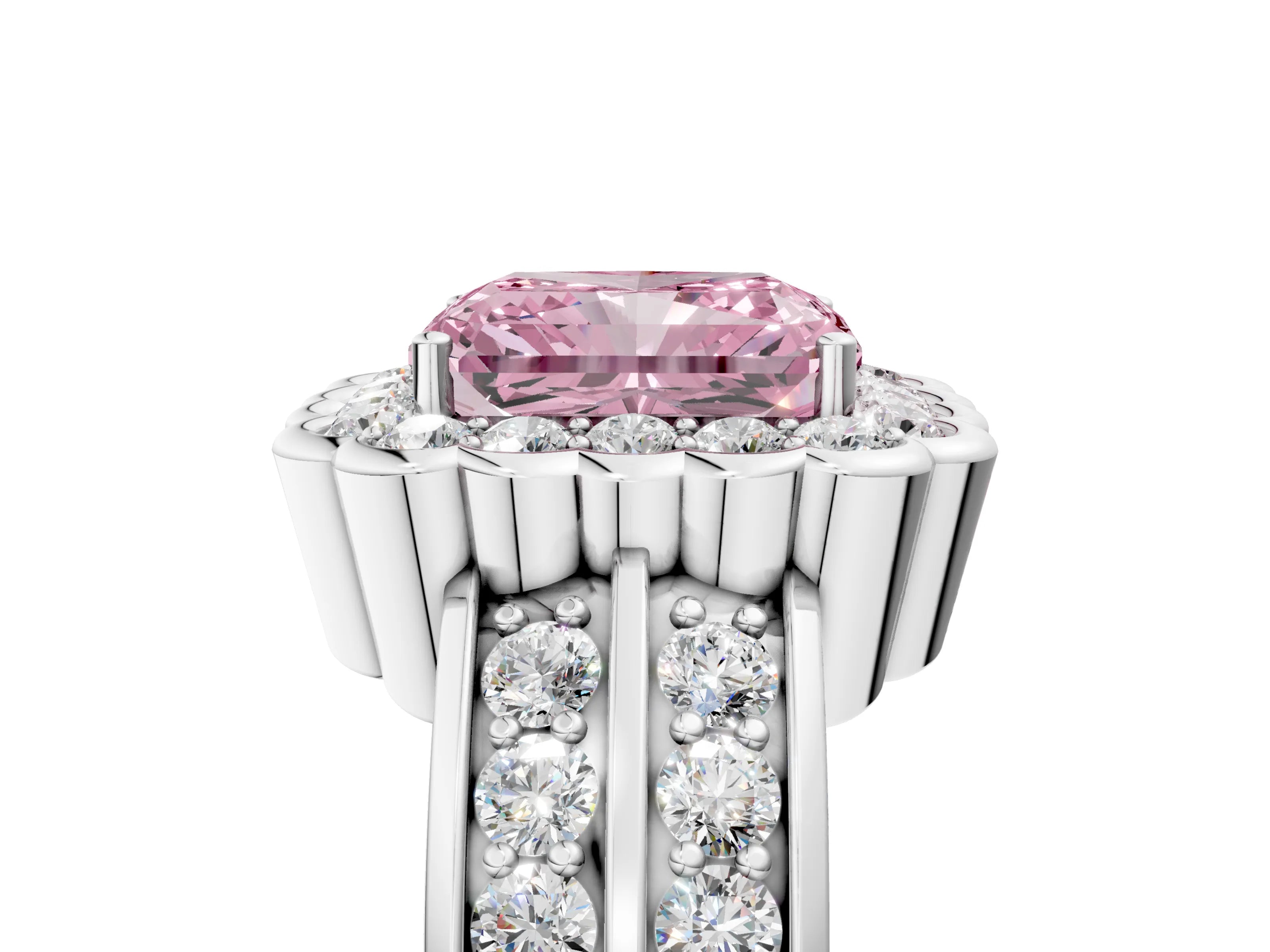 White gold Fancy Pink Radiant Cut Halo Diamond Split Shank Ring with Scalloped Prong Setting_5