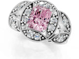White gold Fancy Pink Radiant Cut Halo Milgrain Diamond Engagement Ring with Leaf Band and Four-Prong Setting_1
