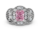White gold Fancy Pink Radiant Cut Halo Milgrain Diamond Engagement Ring with Leaf Band and Four-Prong Setting