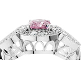 White gold Fancy Pink Radiant Cut Halo Milgrain Diamond Engagement Ring with Leaf Band and Four-Prong Setting_4