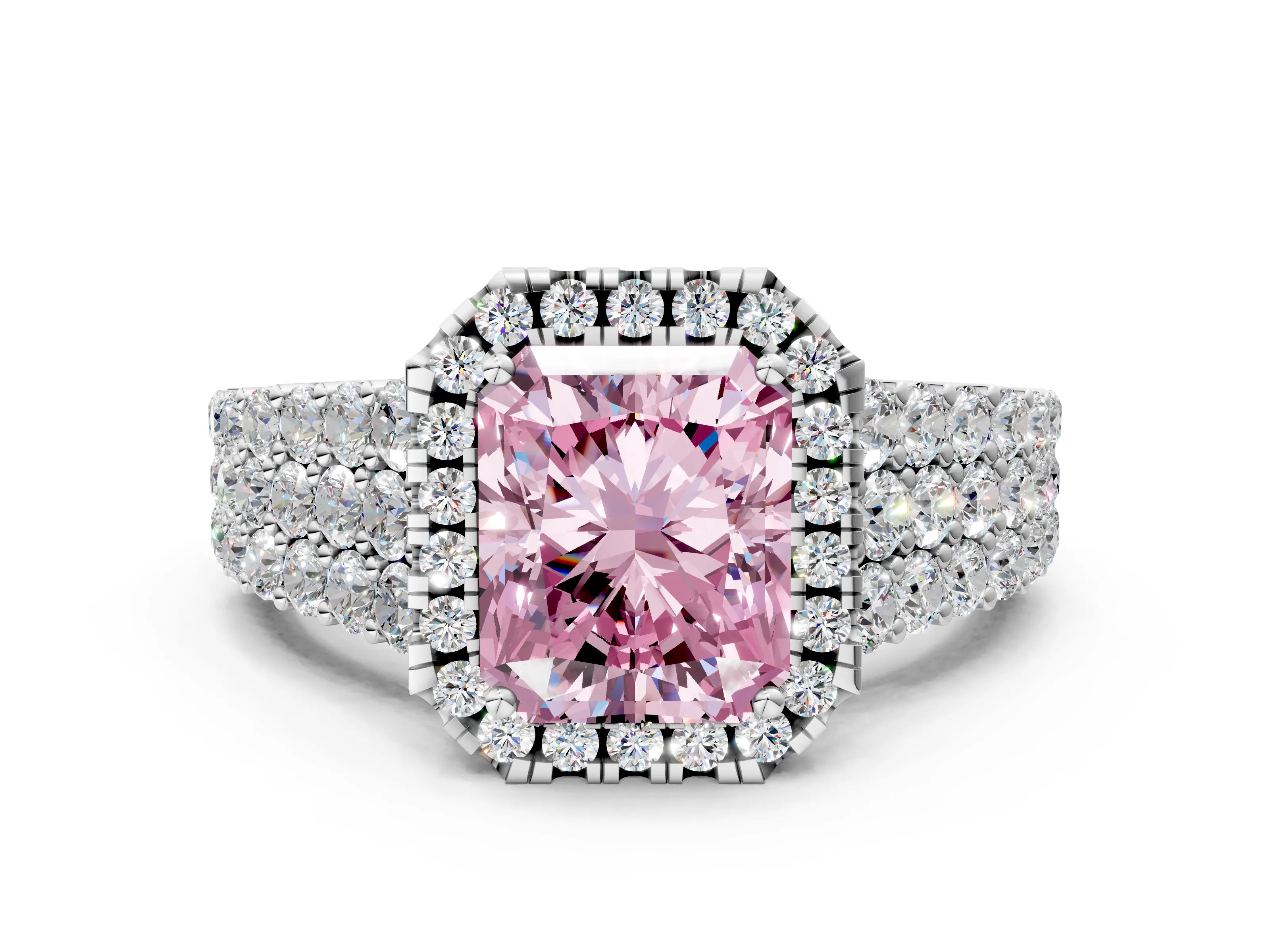 White gold Fancy Pink Radiant Cut Halo Pavé Diamond Engagement Ring with Split Shank and Four-Prong Setting_3