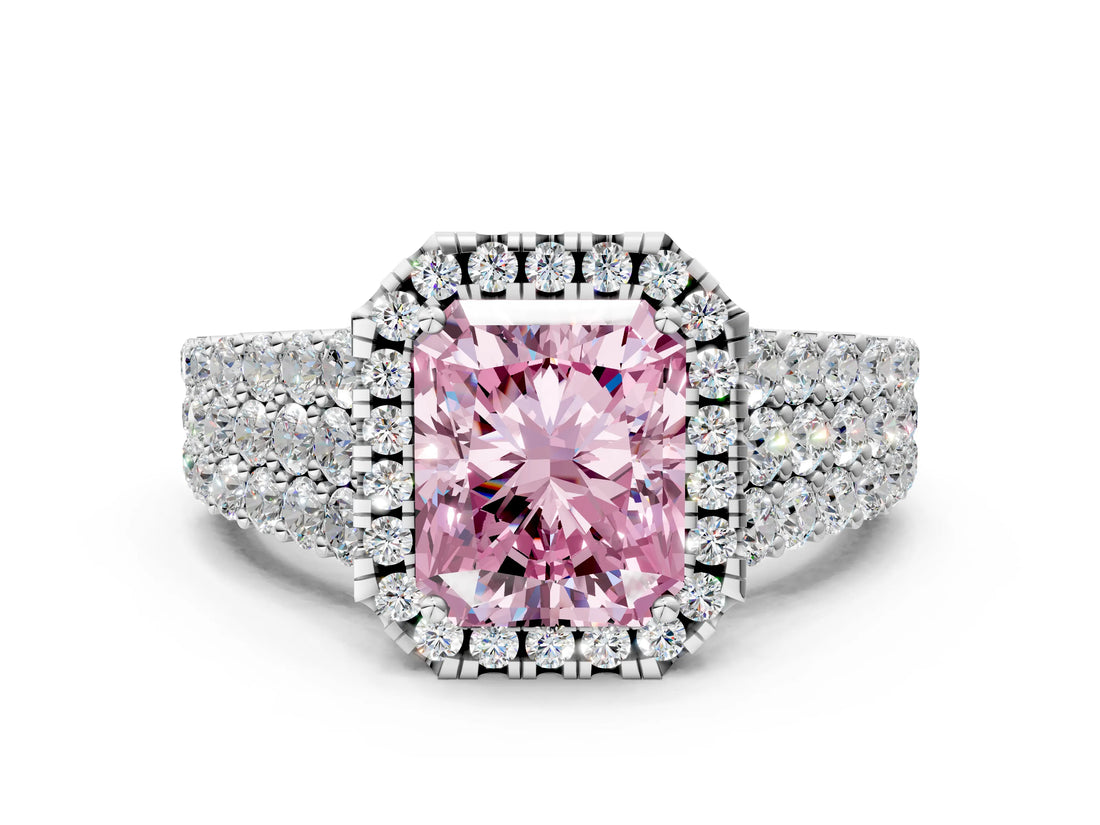 White gold Fancy Pink Radiant Cut Halo Pavé Diamond Engagement Ring with Split Shank and Four-Prong Setting_3
