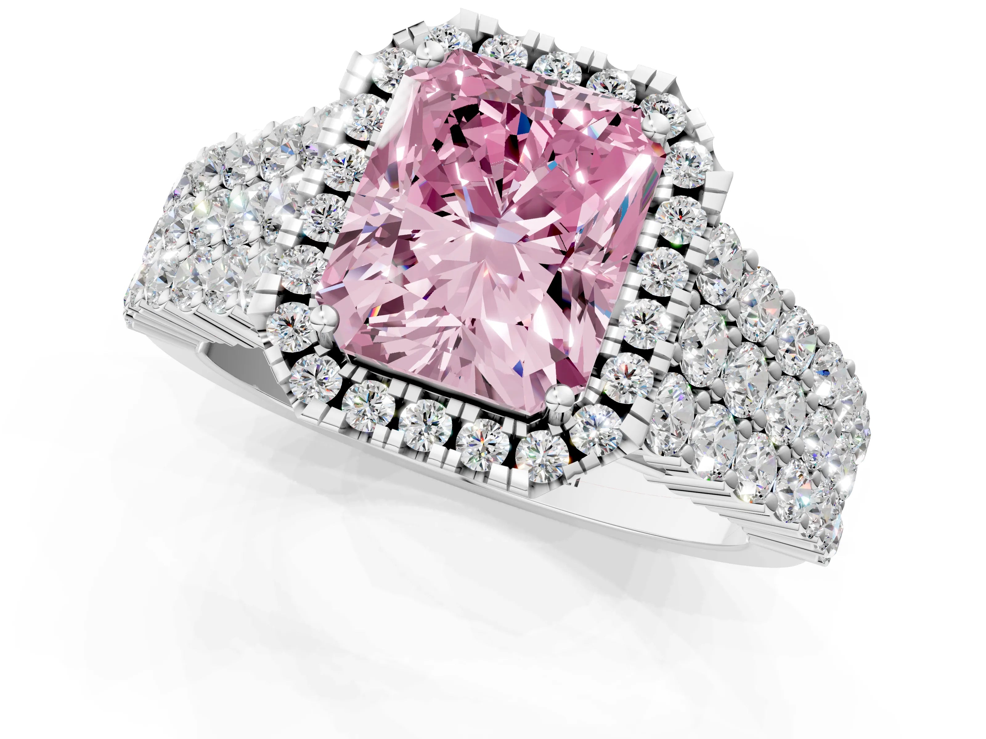 White gold Fancy Pink Radiant Cut Halo Pavé Diamond Engagement Ring with Split Shank and Four-Prong Setting_4