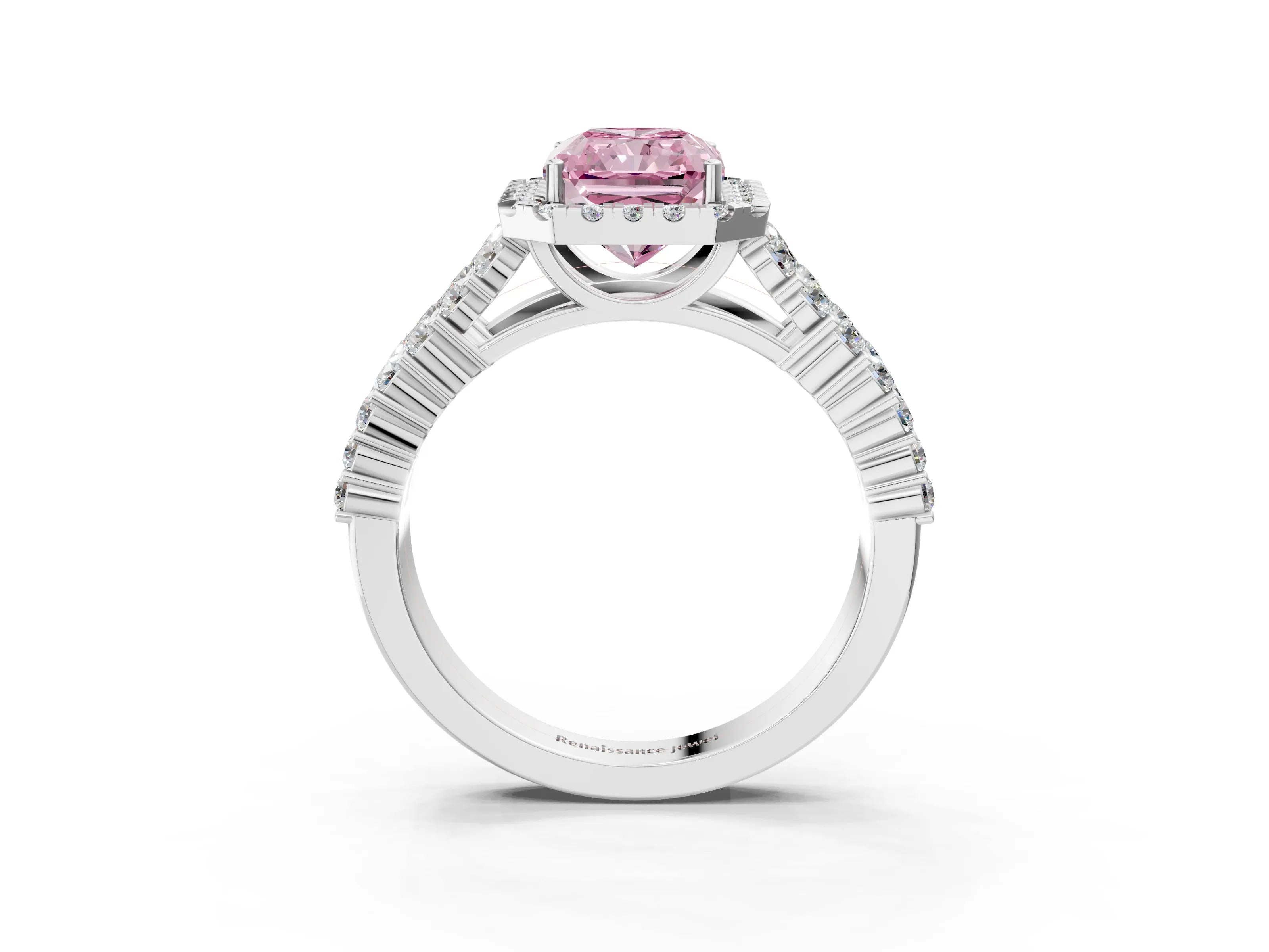 White gold Fancy Pink Radiant Cut Halo Pavé Diamond Engagement Ring with Split Shank and Four-Prong Setting_6