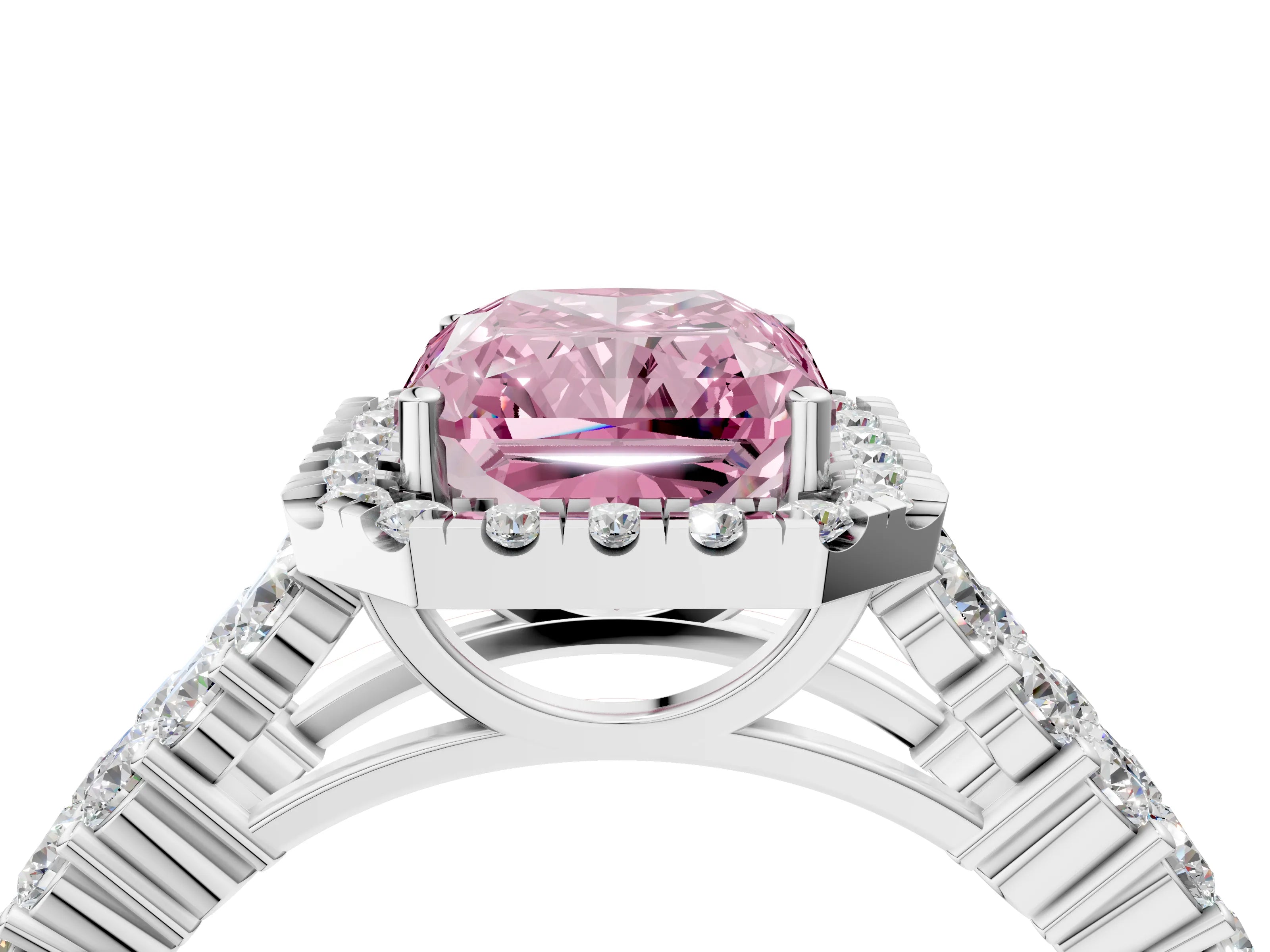 White gold Fancy Pink Radiant Cut Halo Pavé Diamond Engagement Ring with Split Shank and Four-Prong Setting_7