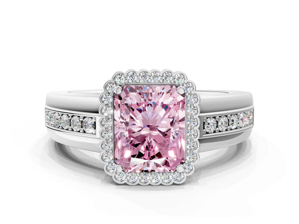 Platinum Fancy Pink Radiant  Cut Halo Pave Band Four-Prong Ring