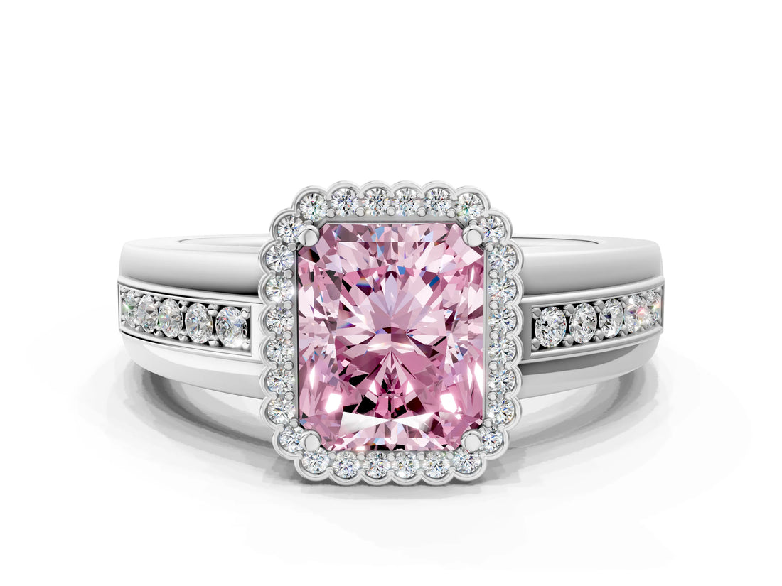 White gold Fancy Pink Radiant  Cut Halo Pave Band Four-Prong Ring_49