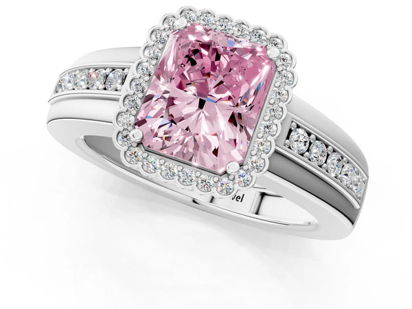 Platinum Fancy Pink Radiant  Cut Halo Pave Band Four-Prong Ring