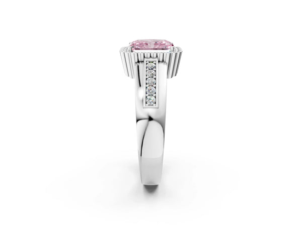 Platinum Fancy Pink Radiant  Cut Halo Pave Band Four-Prong Ring