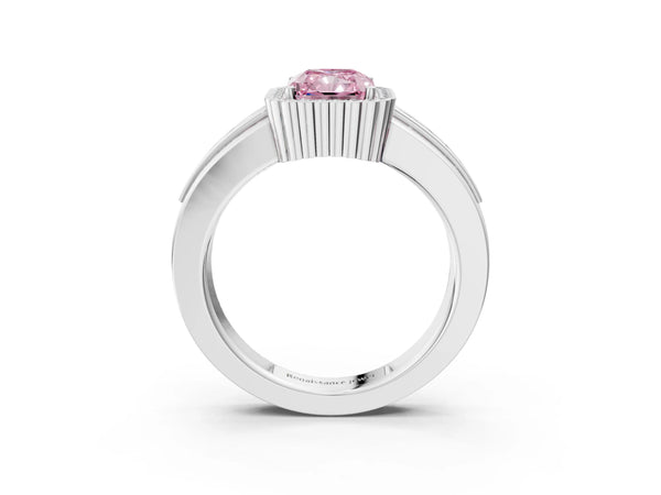 Platinum Fancy Pink Radiant  Cut Halo Pave Band Four-Prong Ring