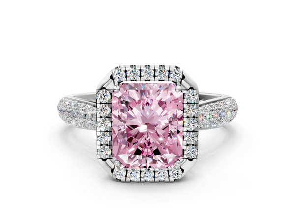 White gold Fancy Pink Radiant  Cut Halo Pave Band Four-Prong Setting Ring