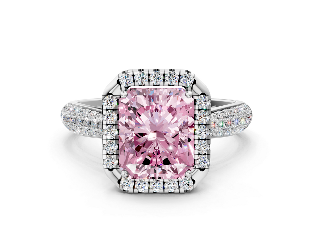 White gold Fancy Pink Radiant  Cut Halo Pave Band Four-Prong Setting Ring_20