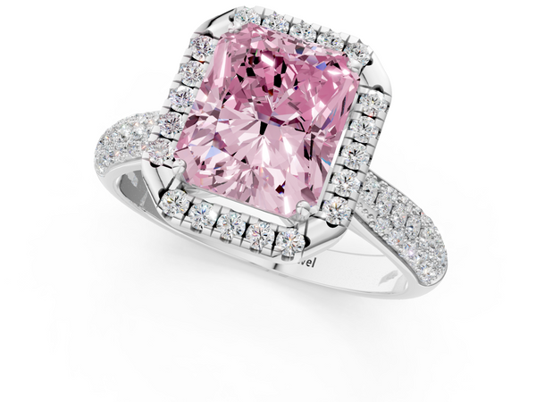 White gold Fancy Pink Radiant  Cut Halo Pave Band Four-Prong Setting Ring