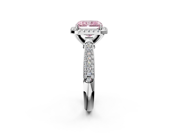 White gold Fancy Pink Radiant  Cut Halo Pave Band Four-Prong Setting Ring