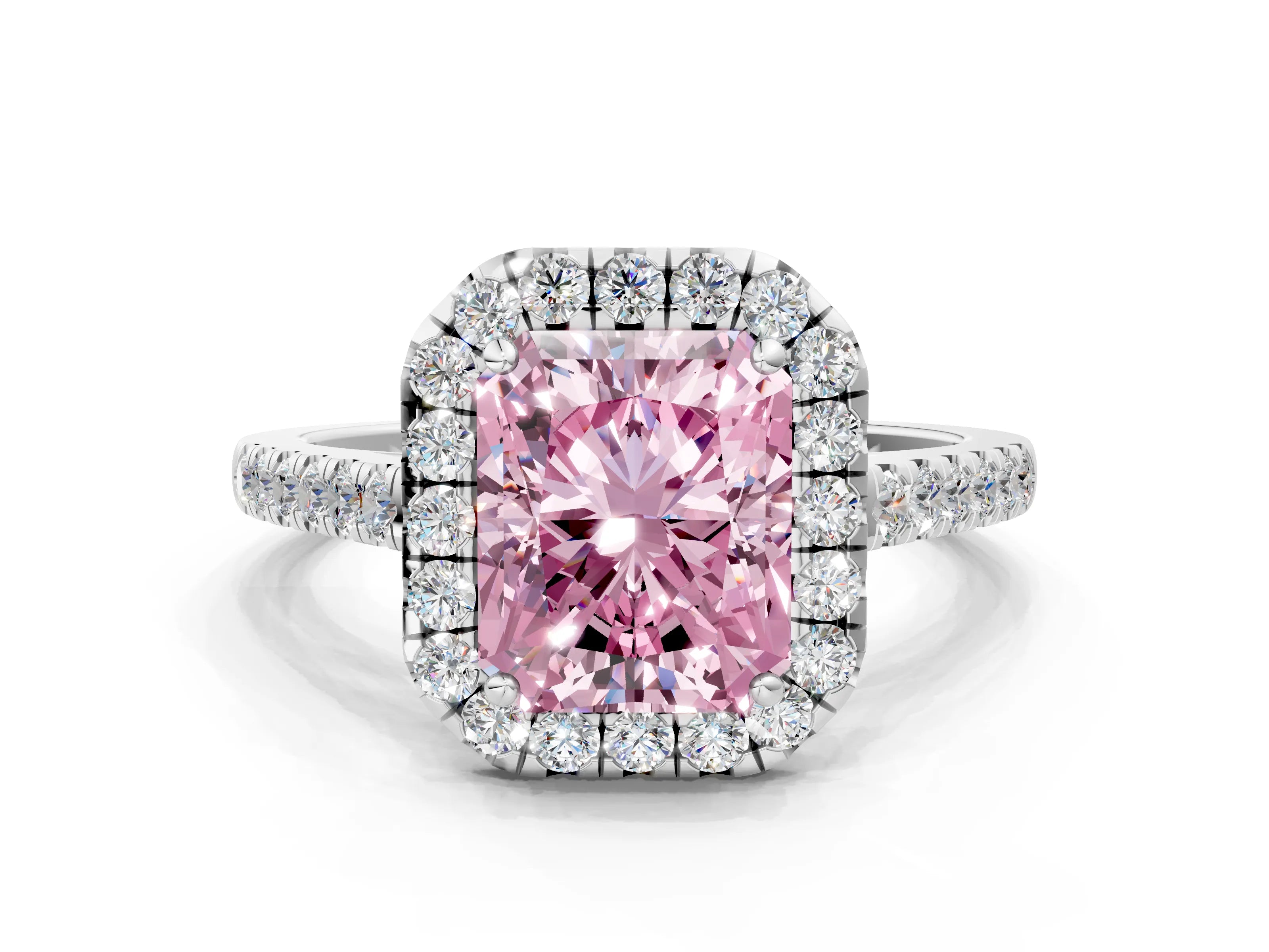 White gold Fancy Pink Radiant Cut Halo Pave Diamond Engagement Ring with Four-Prong Setting