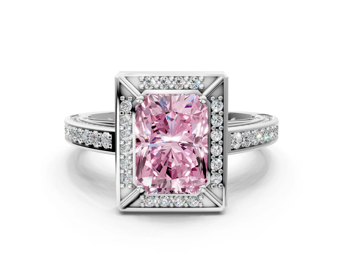 White gold Fancy Pink Radiant  Cut Halo Pave Split Shank Prong Setting Ring_32