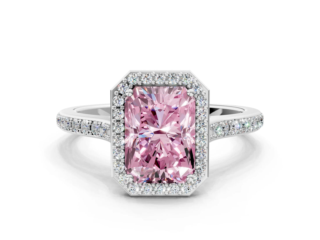 White gold Fancy Pink Radiant Cut Halo Round Diamond Pavé Band with Four-Prong Setting_27