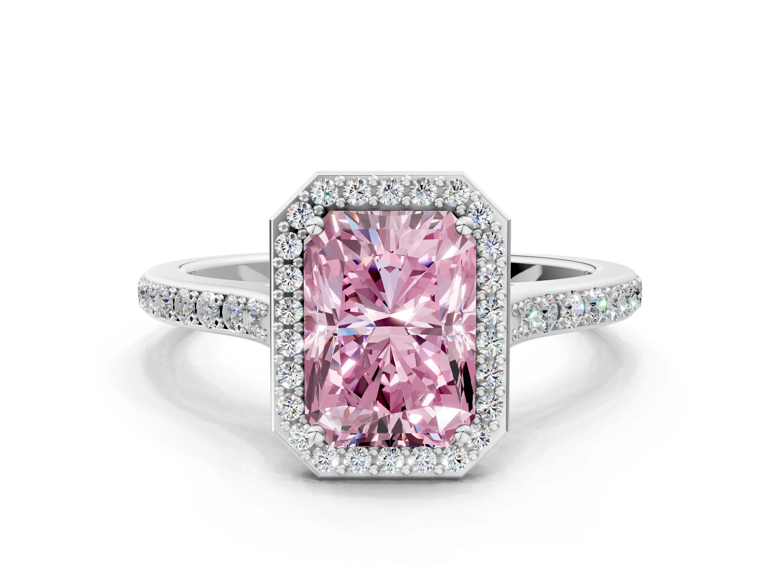 White gold Fancy Pink Radiant Cut Halo Round Diamond Pavé Band with Four-Prong Setting_27