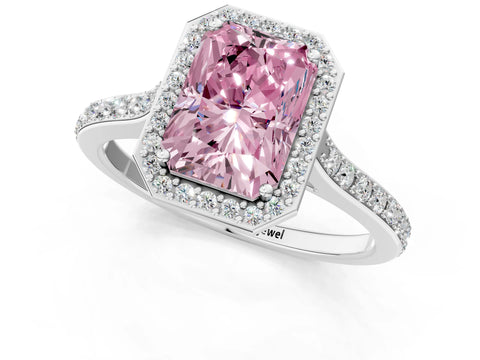 White gold Fancy Pink Radiant Cut Halo Round Diamond Pavé Band with Four-Prong Setting_28