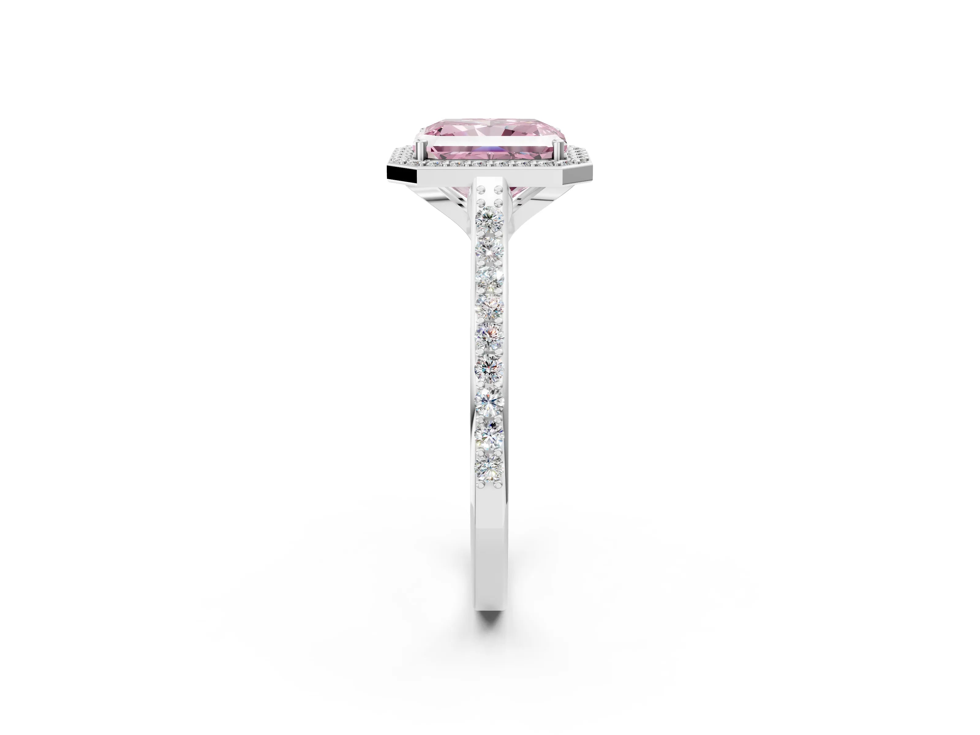 White gold Fancy Pink Radiant Cut Halo Round Diamond Pavé Band with Four-Prong Setting_29