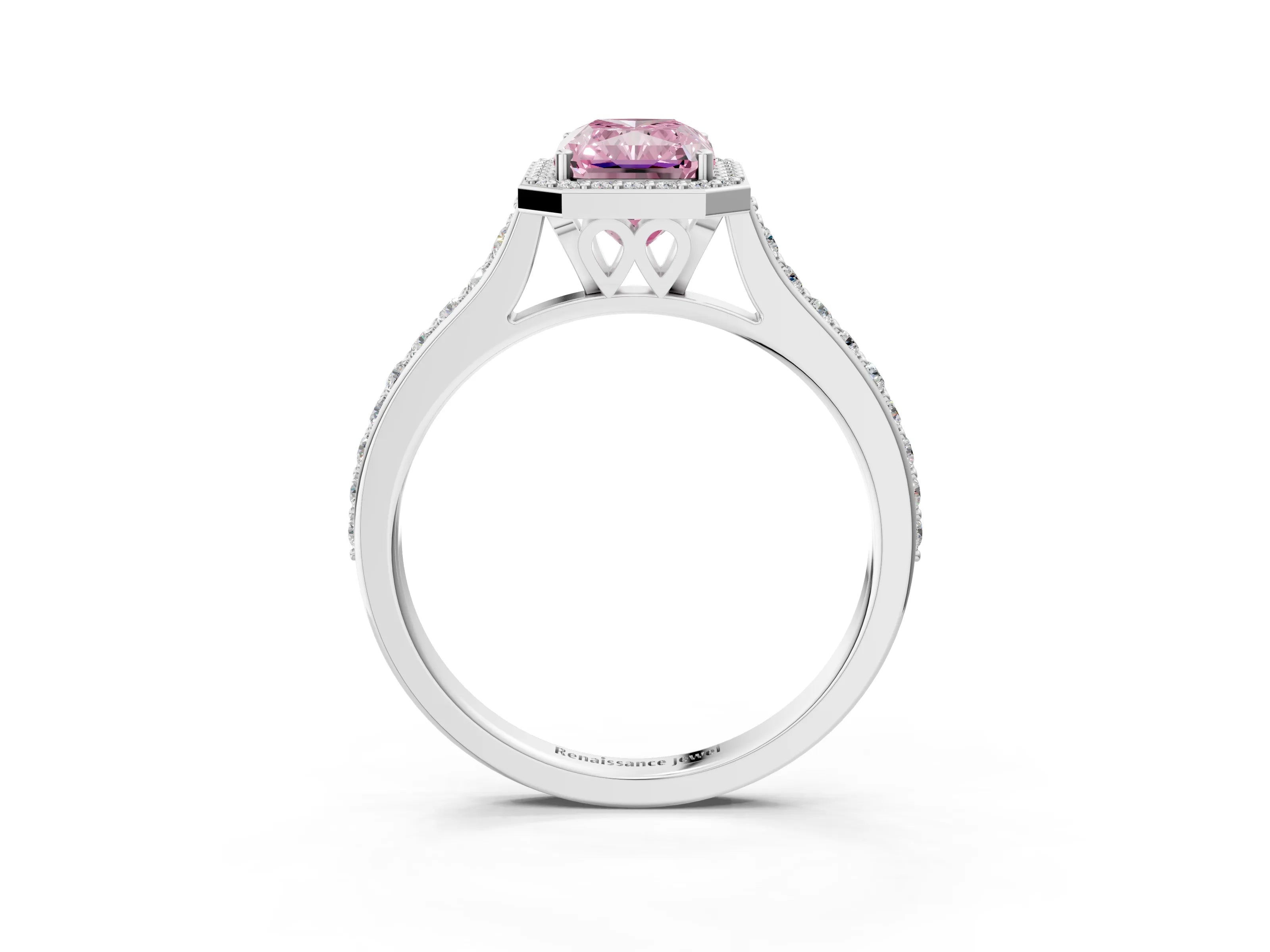 White gold Fancy Pink Radiant Cut Halo Round Diamond Pavé Band with Four-Prong Setting_30
