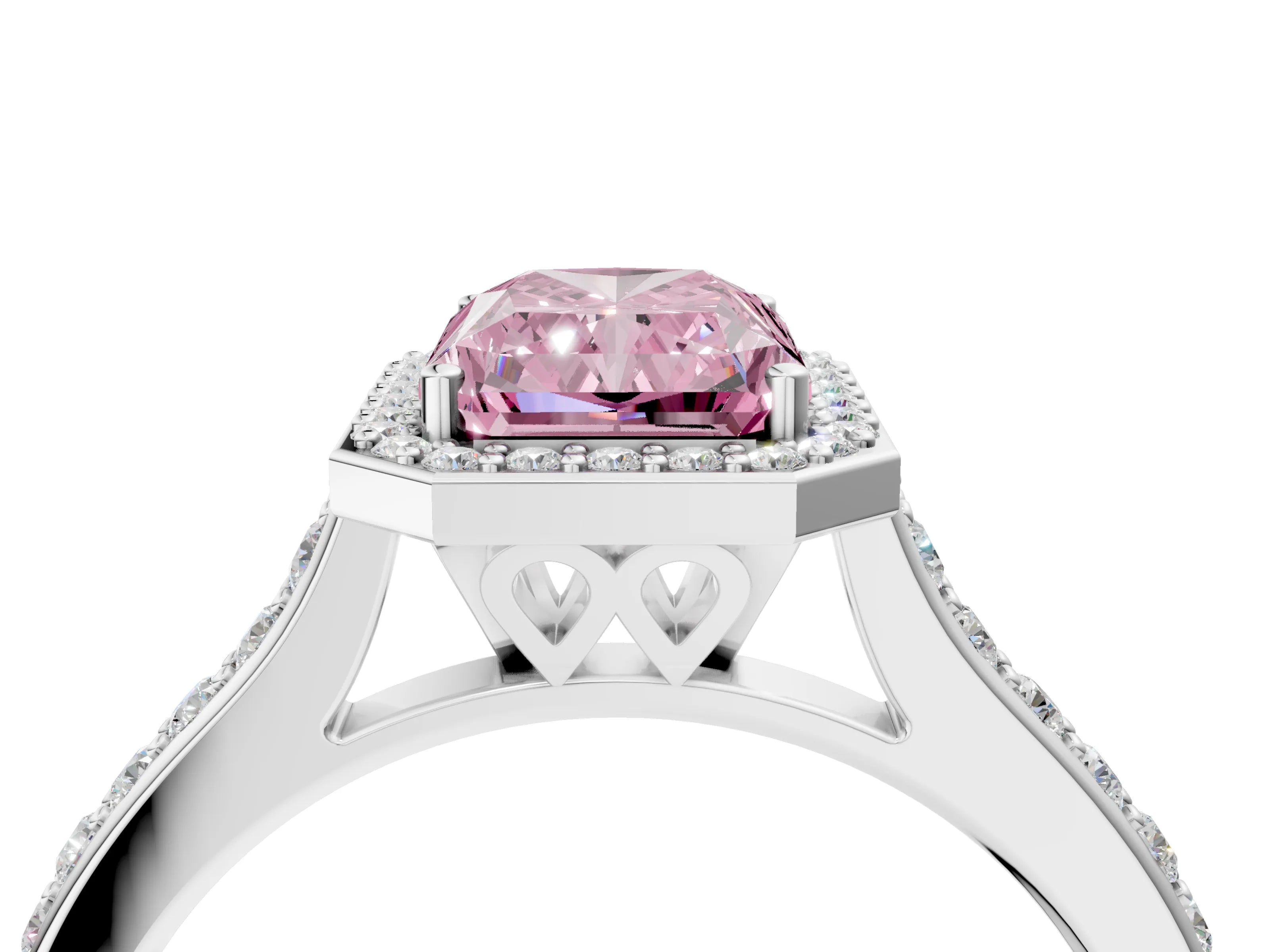 White gold Fancy Pink Radiant Cut Halo Round Diamond Pavé Band with Four-Prong Setting_31