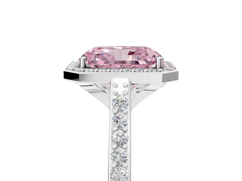 White gold Fancy Pink Radiant Cut Halo Round Diamond Pavé Band with Four-Prong Setting_32