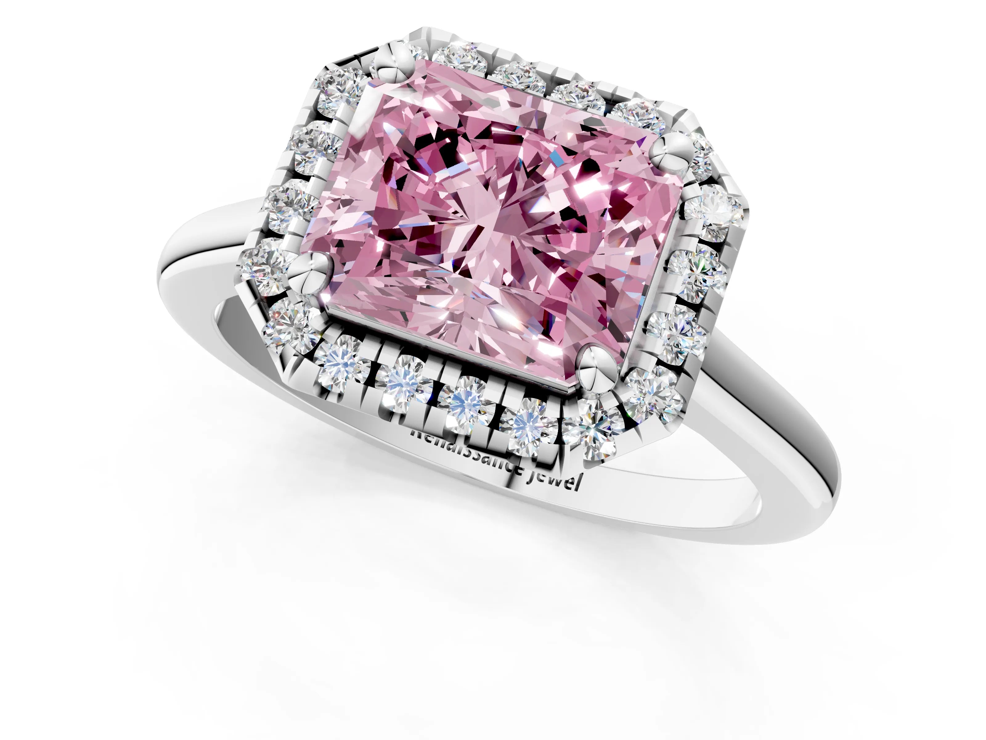 White gold Fancy Pink Radiant Cut Halo Round Diamond Solitaire Engagement Ring with Pave Band and Four-Prong Setting_13