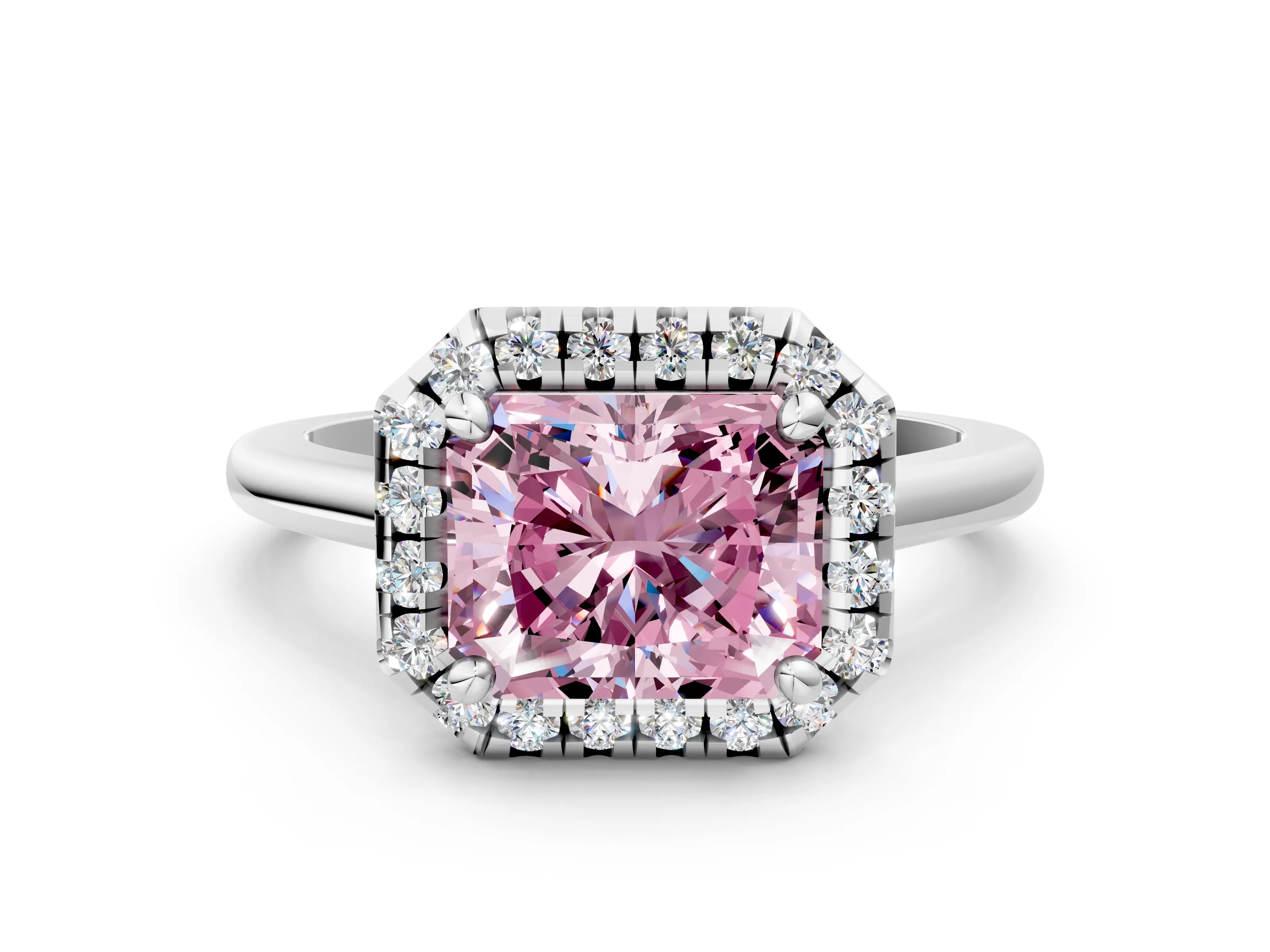 White gold Fancy Pink Radiant Cut Halo Round Diamond Solitaire Engagement Ring with Pave Band and Four-Prong Setting_24