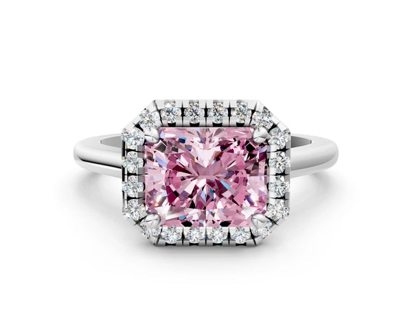 Platinum Fancy Pink Radiant Cut Halo Round Diamond Solitaire Engagement Ring with Pave Band and Four-Prong Setting