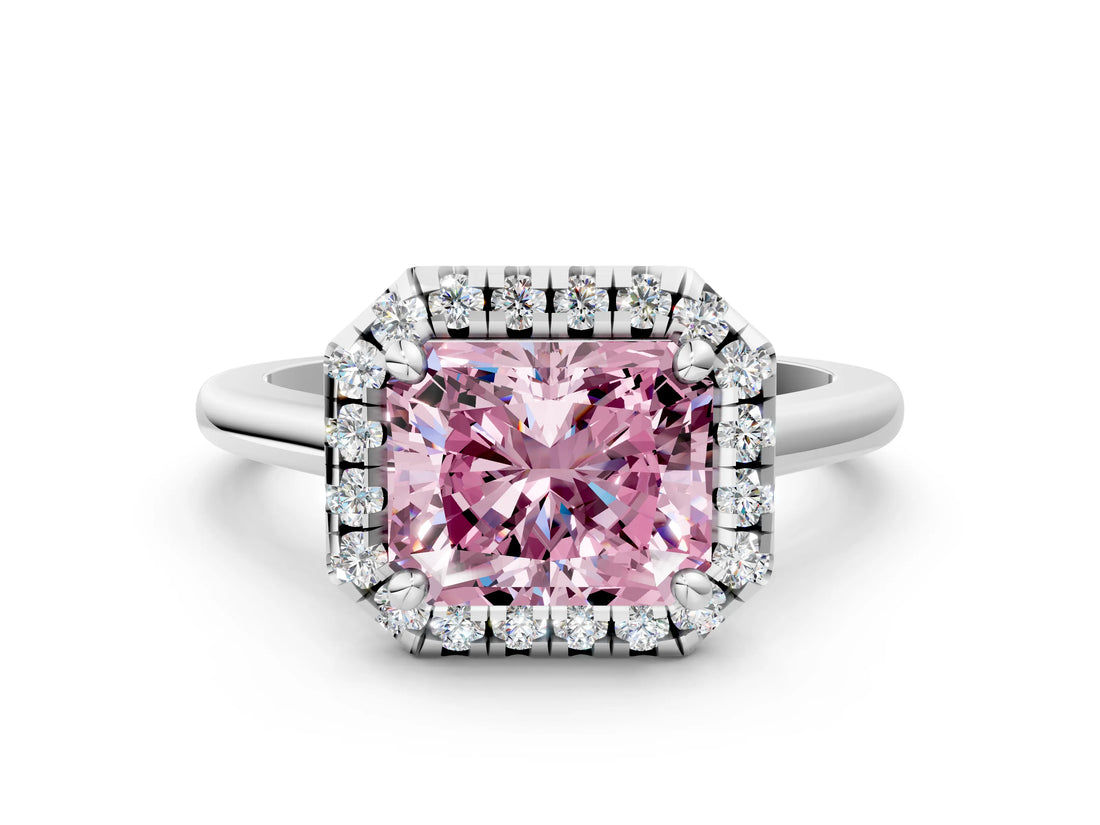 White gold Fancy Pink Radiant Cut Halo Round Diamond Solitaire Engagement Ring with Pave Band and Four-Prong Setting_24
