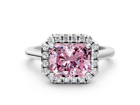 White gold Fancy Pink Radiant Cut Halo Round Diamond Solitaire Engagement Ring with Pave Band and Four-Prong Setting_24