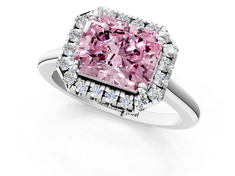 White gold Fancy Pink Radiant Cut Halo Round Diamond Solitaire Engagement Ring with Pave Band and Four-Prong Setting_25