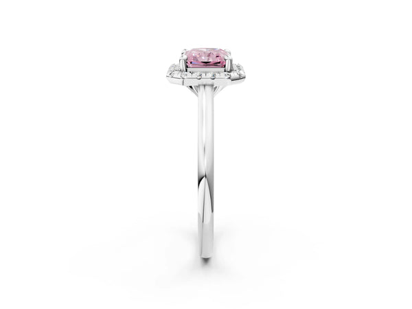 Platinum Fancy Pink Radiant Cut Halo Round Diamond Solitaire Engagement Ring with Pave Band and Four-Prong Setting