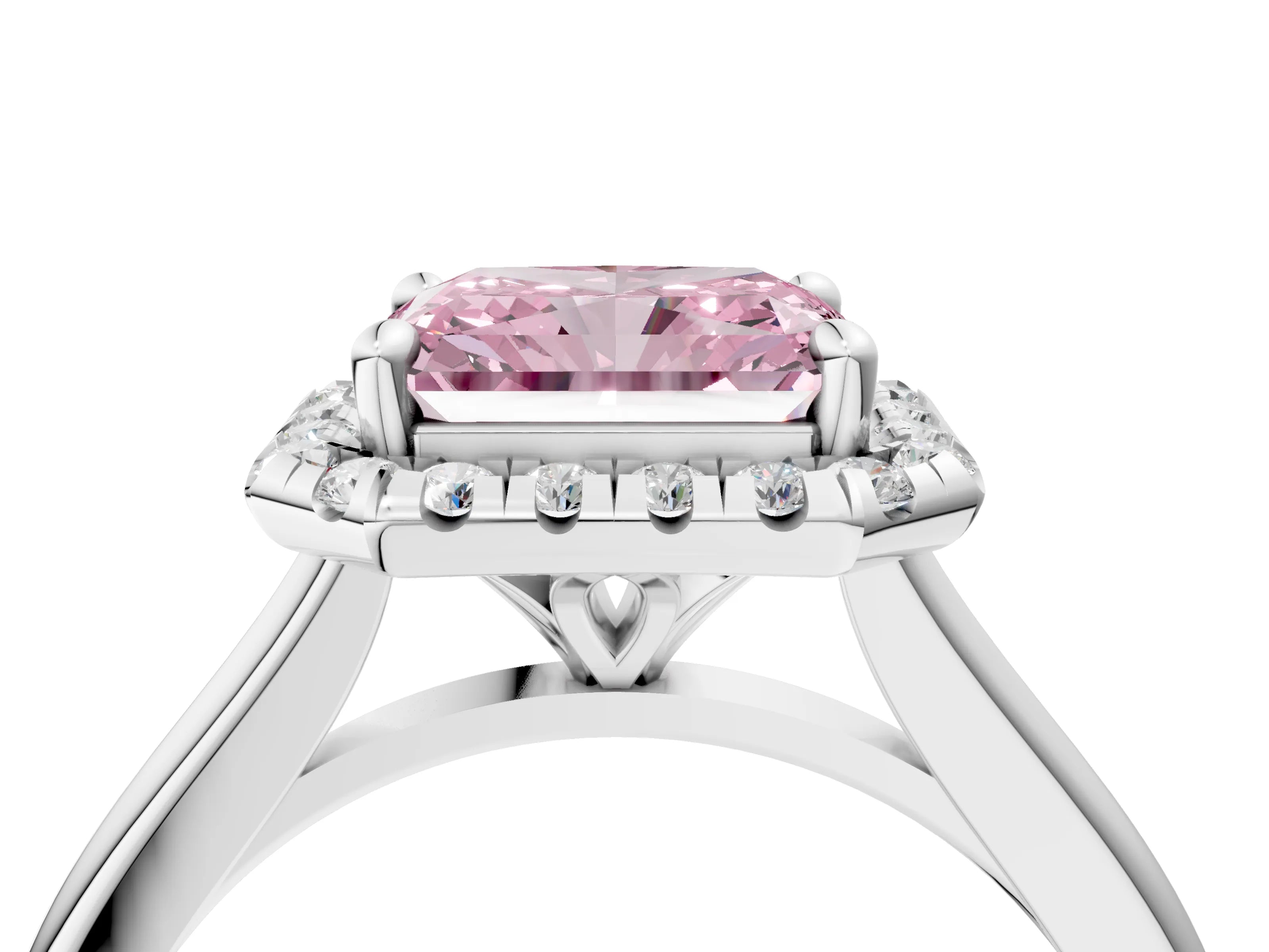 White gold Fancy Pink Radiant Cut Halo Round Diamond Solitaire Engagement Ring with Pave Band and Four-Prong Setting_28