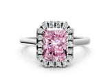 White gold Fancy Pink Radiant Cut Halo Round Diamond Solitaire Ring with Pavé Band and Four-Prong Setting