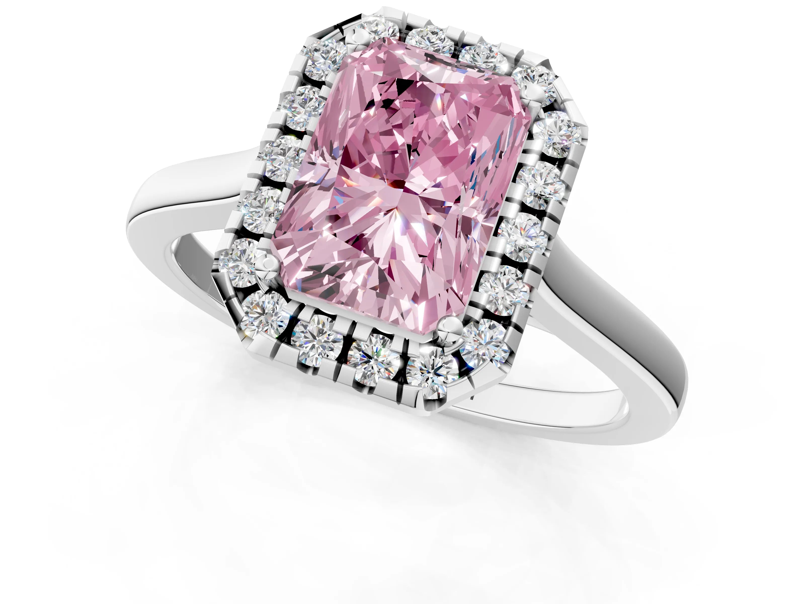 White gold Fancy Pink Radiant Cut Halo Round Diamond Solitaire Ring with Pavé Band and Four-Prong Setting_1