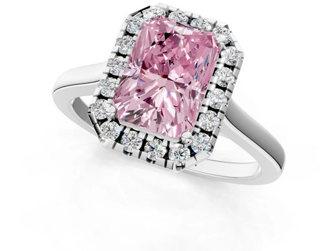 White gold Fancy Pink Radiant Cut Halo Round Diamond Solitaire Ring with Pavé Band and Four-Prong Setting_1