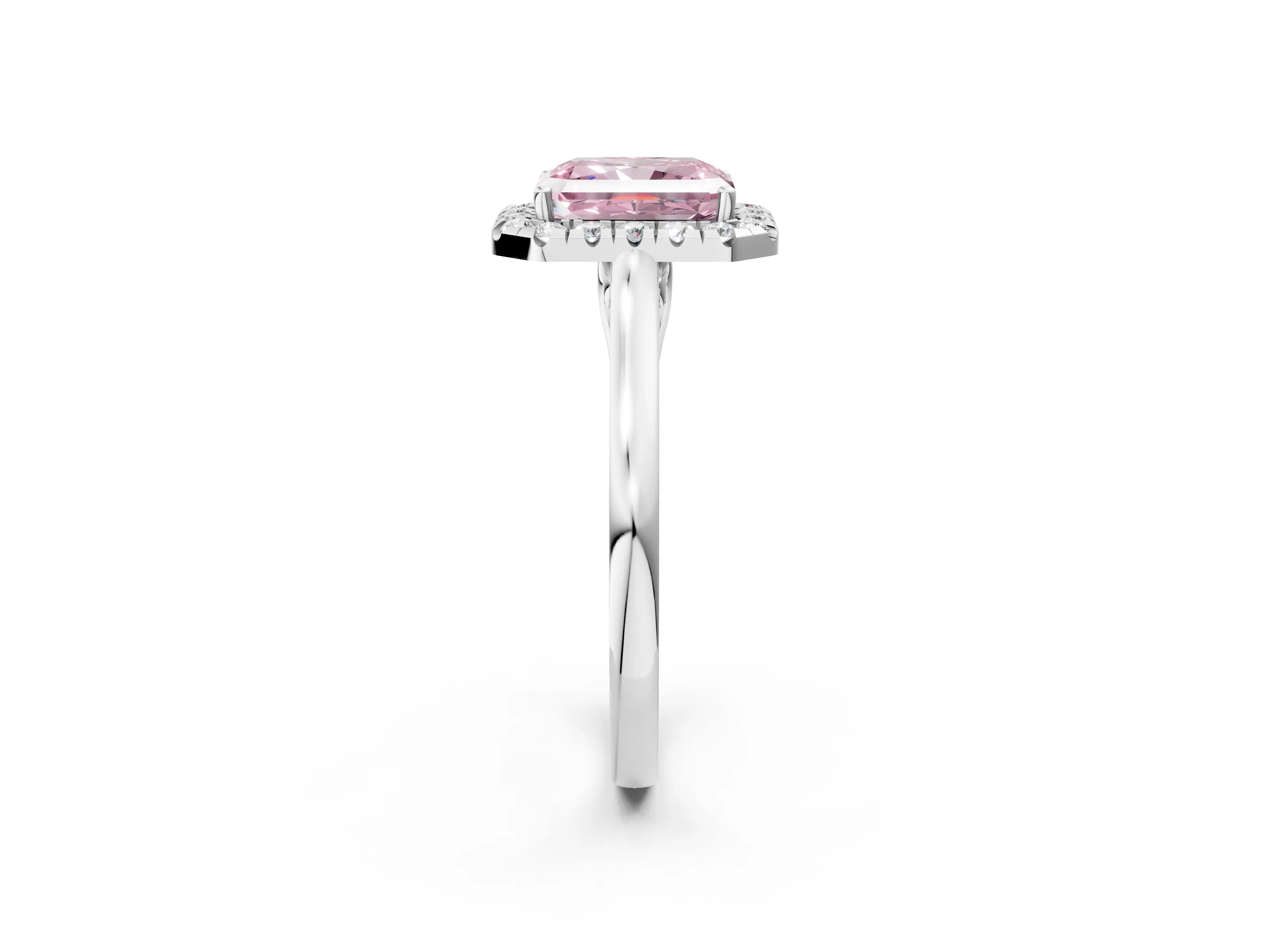 White gold Fancy Pink Radiant Cut Halo Round Diamond Solitaire Ring with Pavé Band and Four-Prong Setting_2