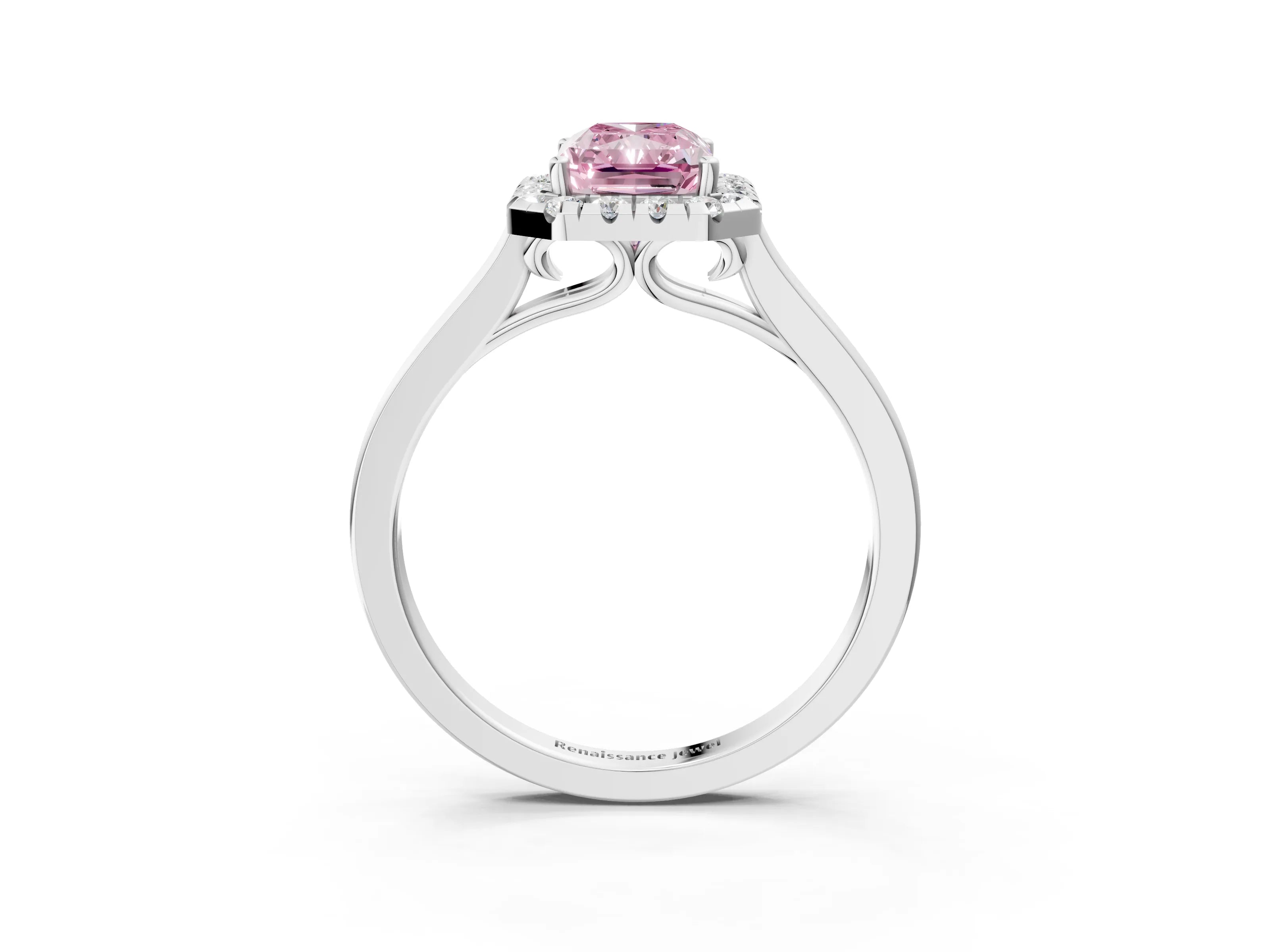 White gold Fancy Pink Radiant Cut Halo Round Diamond Solitaire Ring with Pavé Band and Four-Prong Setting_3