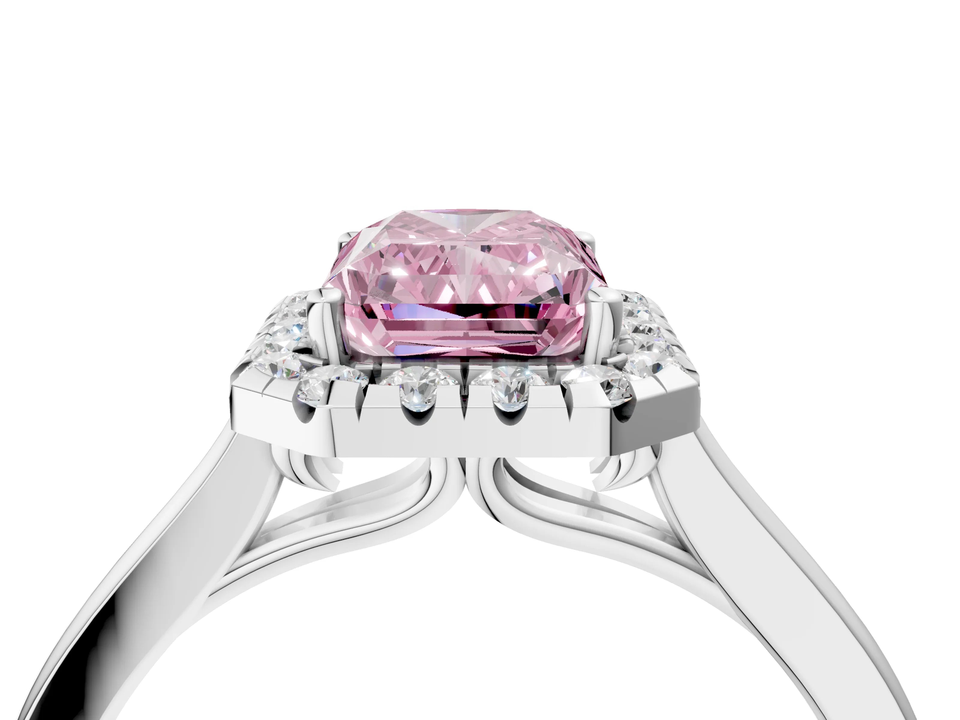 White gold Fancy Pink Radiant Cut Halo Round Diamond Solitaire Ring with Pavé Band and Four-Prong Setting_4