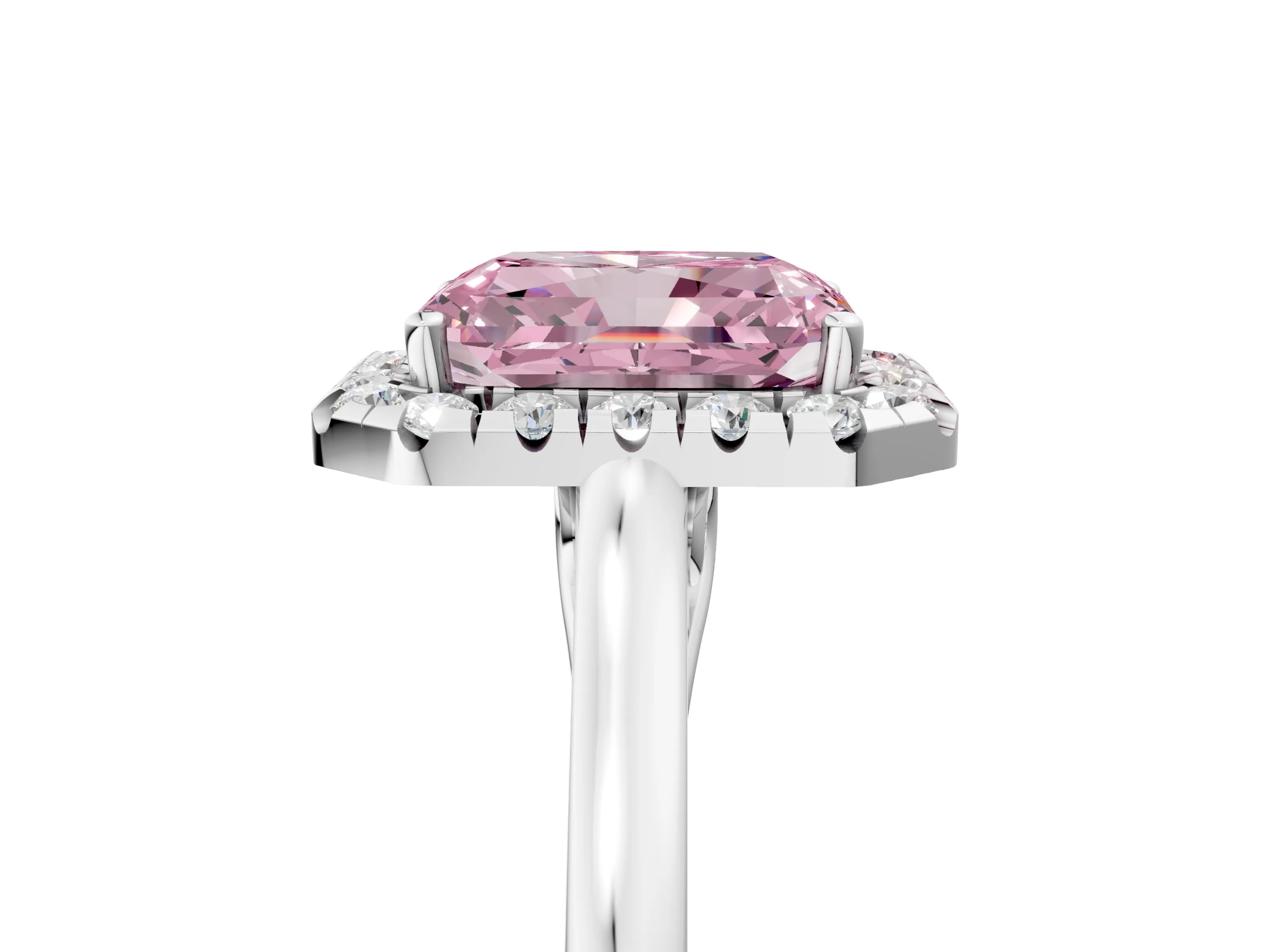White gold Fancy Pink Radiant Cut Halo Round Diamond Solitaire Ring with Pavé Band and Four-Prong Setting_5