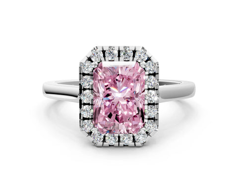 White gold Fancy Pink Radiant Cut Halo Round Diamond Solitaire Ring with Pavé Band and Four-Prong Setting