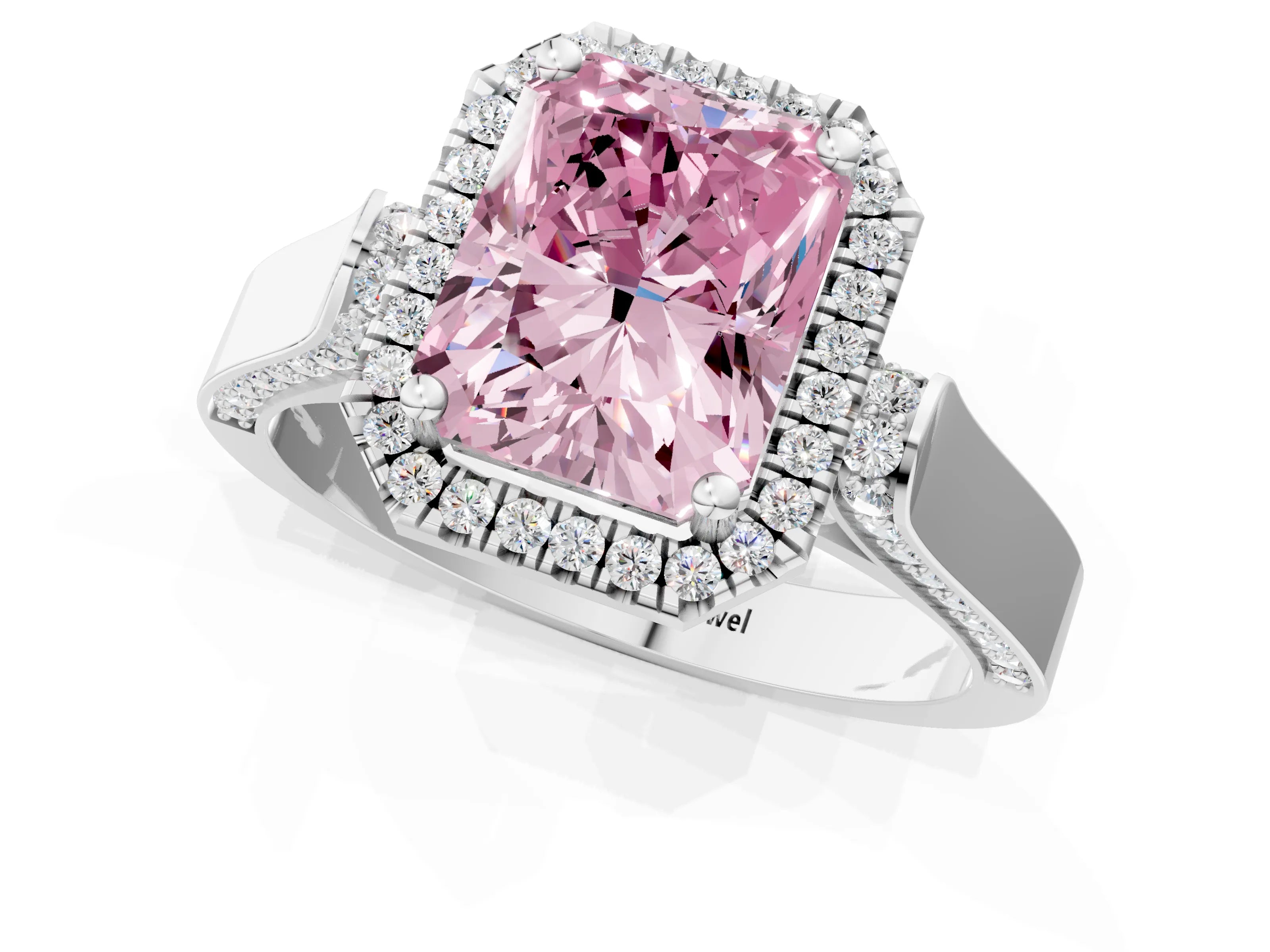 White gold Fancy Pink Radiant Cut Halo Round Diamond Twist Band with Four-Prong Setting_1