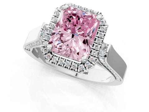White gold Fancy Pink Radiant Cut Halo Round Diamond Twist Band with Four-Prong Setting_25