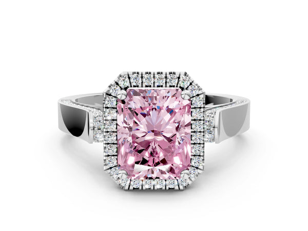 Platinum Fancy Pink Radiant Cut Halo Round Diamond Twist Band with Four-Prong Setting